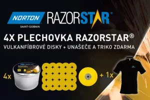 AKCE 4xplechovka RazorStar+unašeč+TRIKO ZDARMA, vulkanfíbr 125x22 P 36+ F990S RAZORSTAR na nerez, ocel Norton