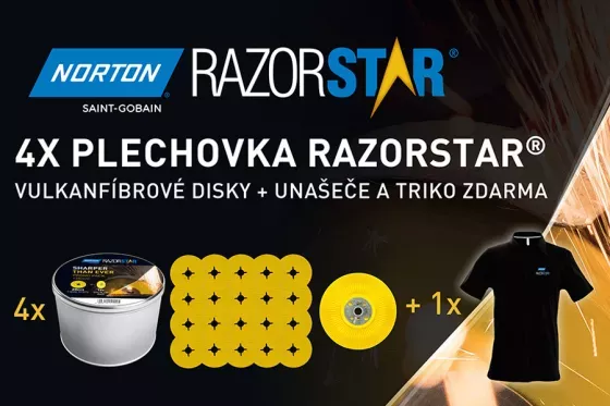 AKCE 4xplechovka RazorStar+unašeč+TRIKO ZDARMA, vulkanfíbr 125x22 P 36+ F990S RAZORSTAR na nerez, ocel Norton